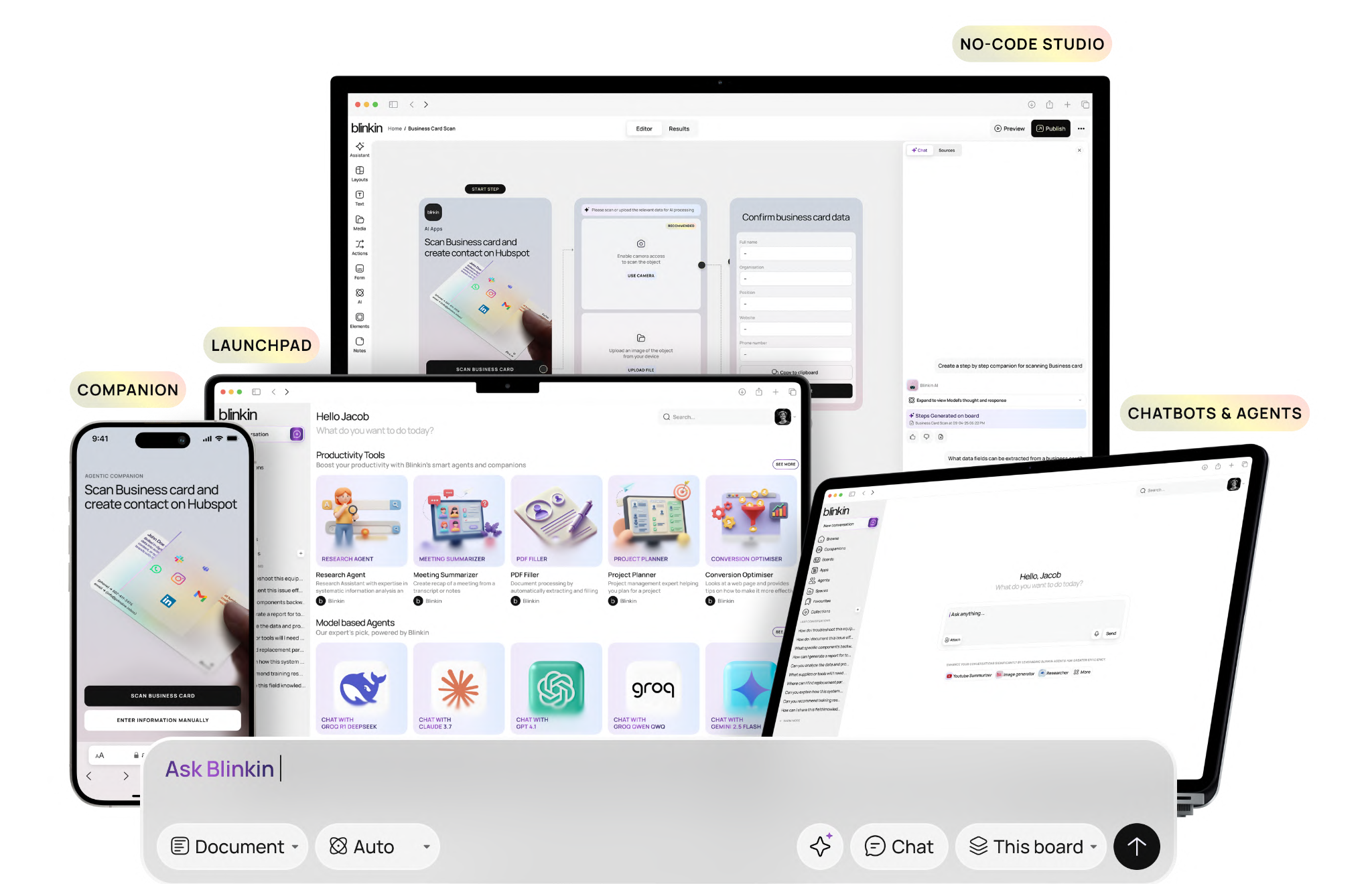 Blinkin Plattform mit Studio, Knowledge und AI-App-Oberflächen